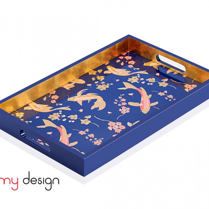 Blue rectangle lacquer tray with Koi fish pattern 25*40*4 cm